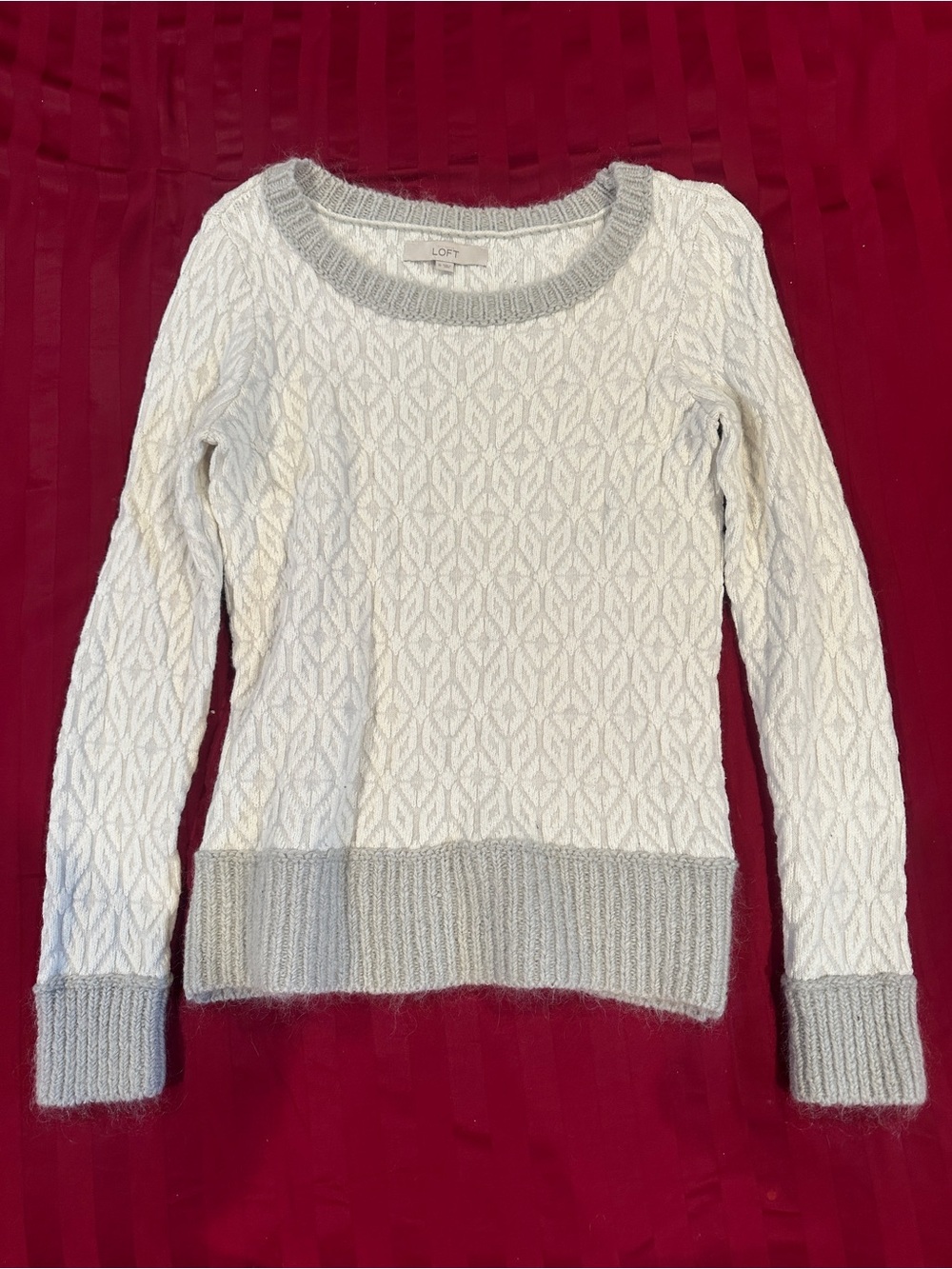 LOFT Cream Cable-Knit Sweater with Gray Trim